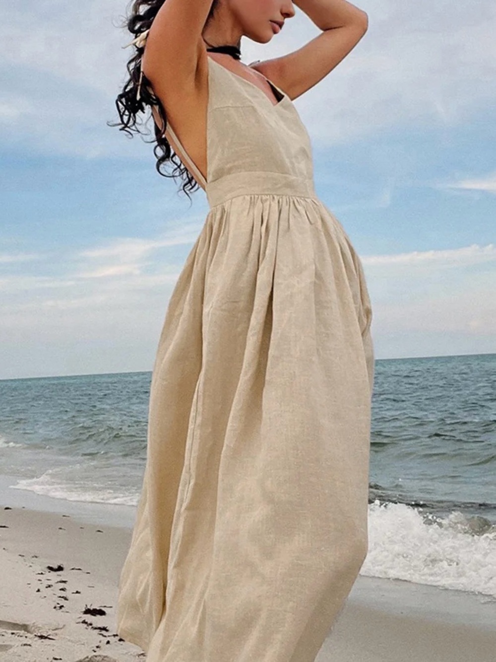Commense Oatmeal Beige Tie-Shoulder Backless 100% Cotton Maxi Dress Small NWT - Picture 2 of 11